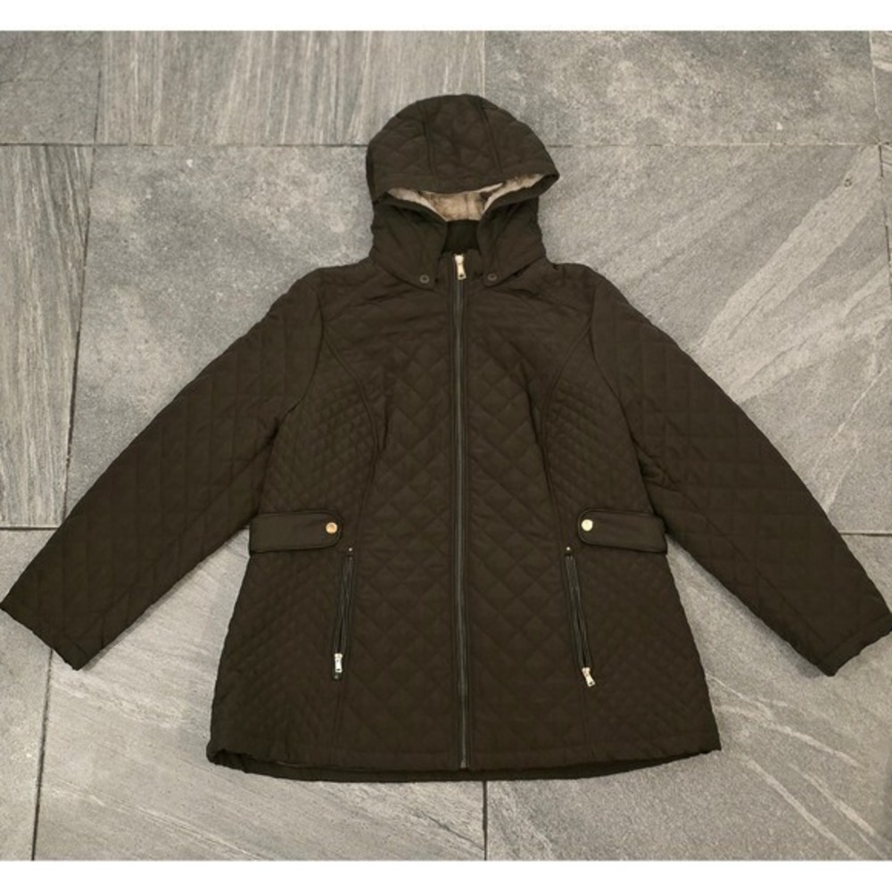 Quilted Hooded Jacket Dark Brown Faux Fur Lined Zip  Women 3XL - Picture 2 of 8